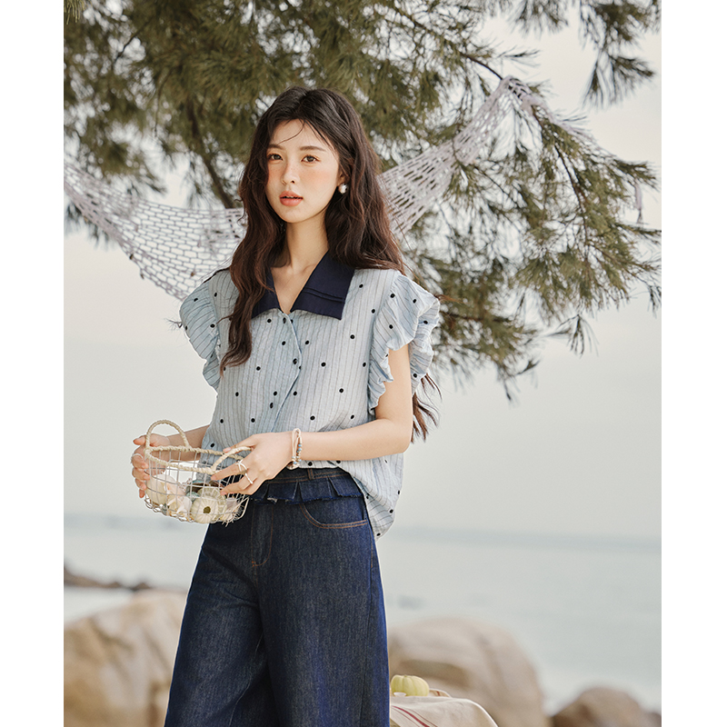 【小铃铛专属】谜秀波点刺绣衬衫上衣短袖衬衣航海系MXE31C0776