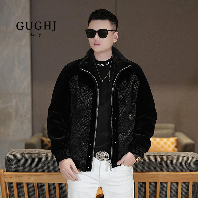 2025冬季新款男士水貂毛领保暖加厚夹克时尚潮流轻奢翻领短款外套