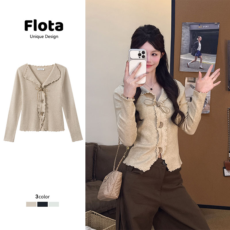 【flota】设计感木耳边翻领针织衫正肩修身内搭长袖毛衣短上衣3159