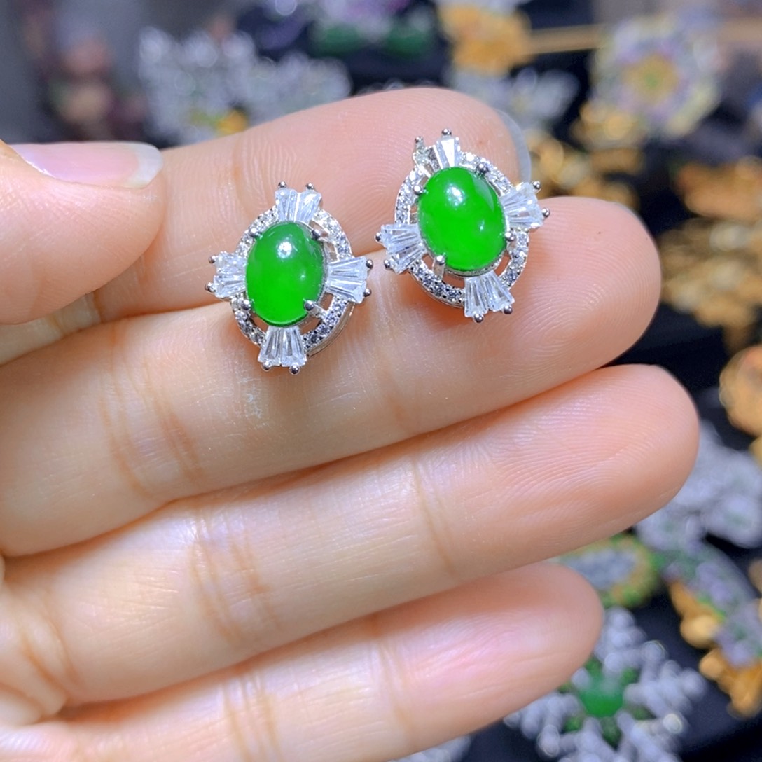 翡翠耳钉银S925镶嵌天然翡翠