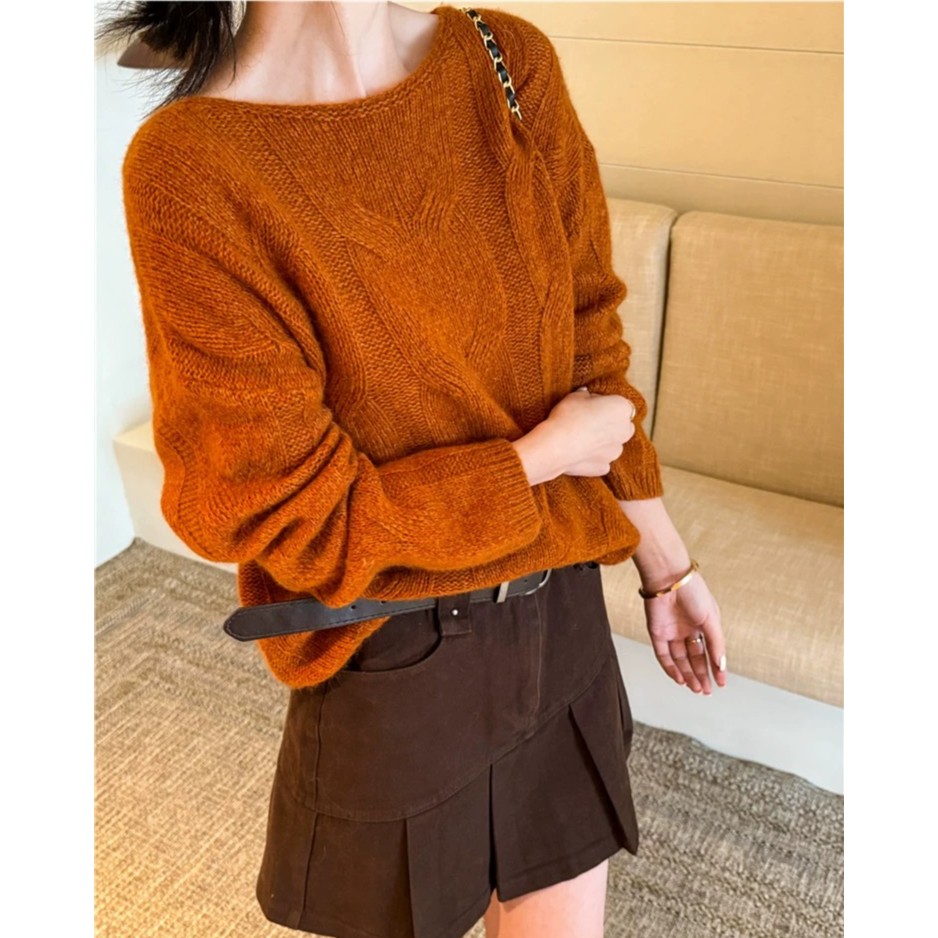 MEIZHENZI【花线绵羊毛】大桔大利|一字领针织衫女宽松毛衣（禁机洗）