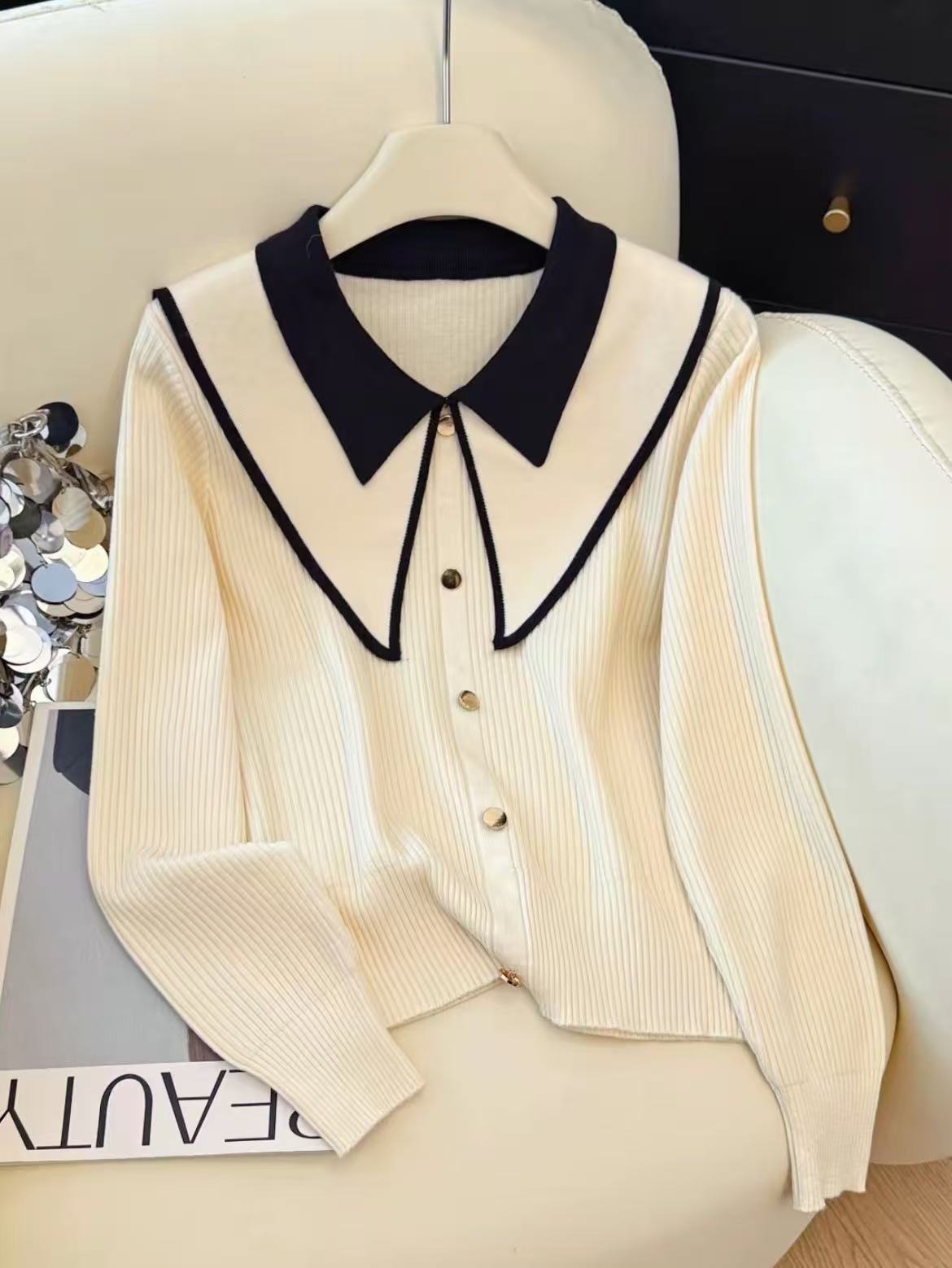 娃娃领打底衫女春秋高级感内搭小香风撞色气质显瘦减龄感针织衫