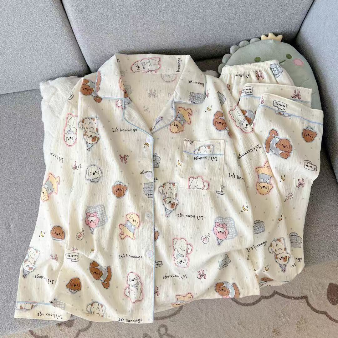 可爱沙发狗睡衣套装春季女新款云朵棉小翻领长袖长裤休闲家居服