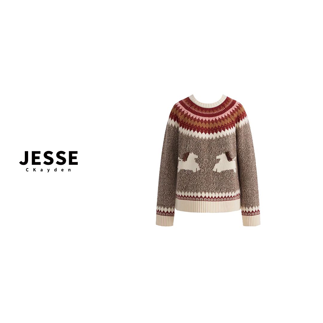 圆领针织女装毛衣针织衫复古秋冬毛衫套头休闲长袖撞色提花SS0638