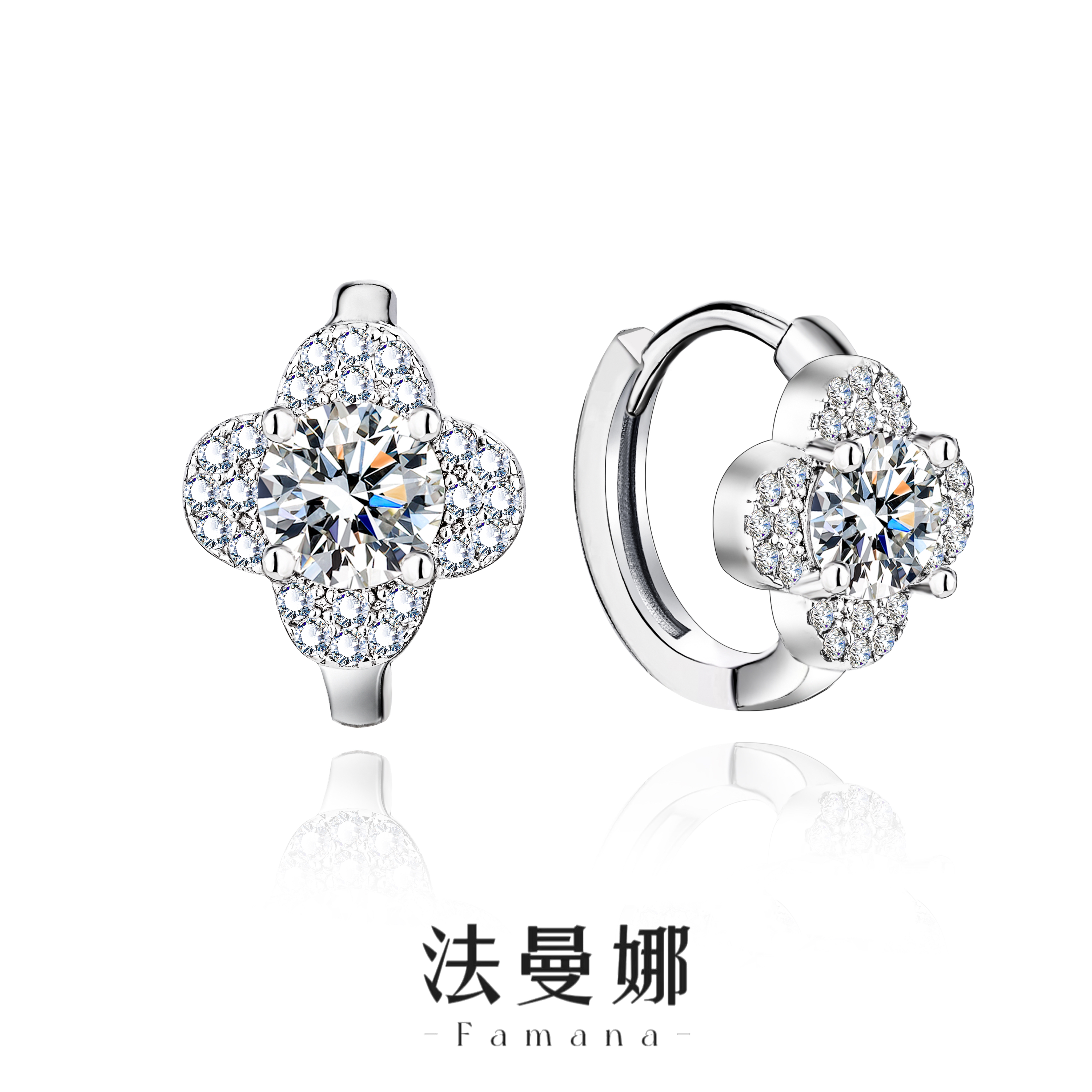 925银莫桑石耳饰 网红小众韩版轻奢满钻四叶花耳扣百搭耳环镶钻