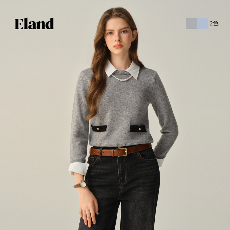 Eland衣恋毛衣女设计感撞色口袋套头翻领针织衫EEKWF49E01