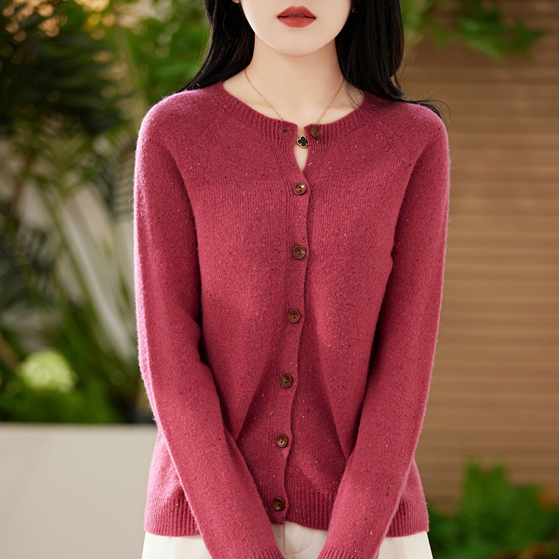 MDS100%羊毛衫点子纱圆领开衫宽松百搭纯色长袖针织衫-854