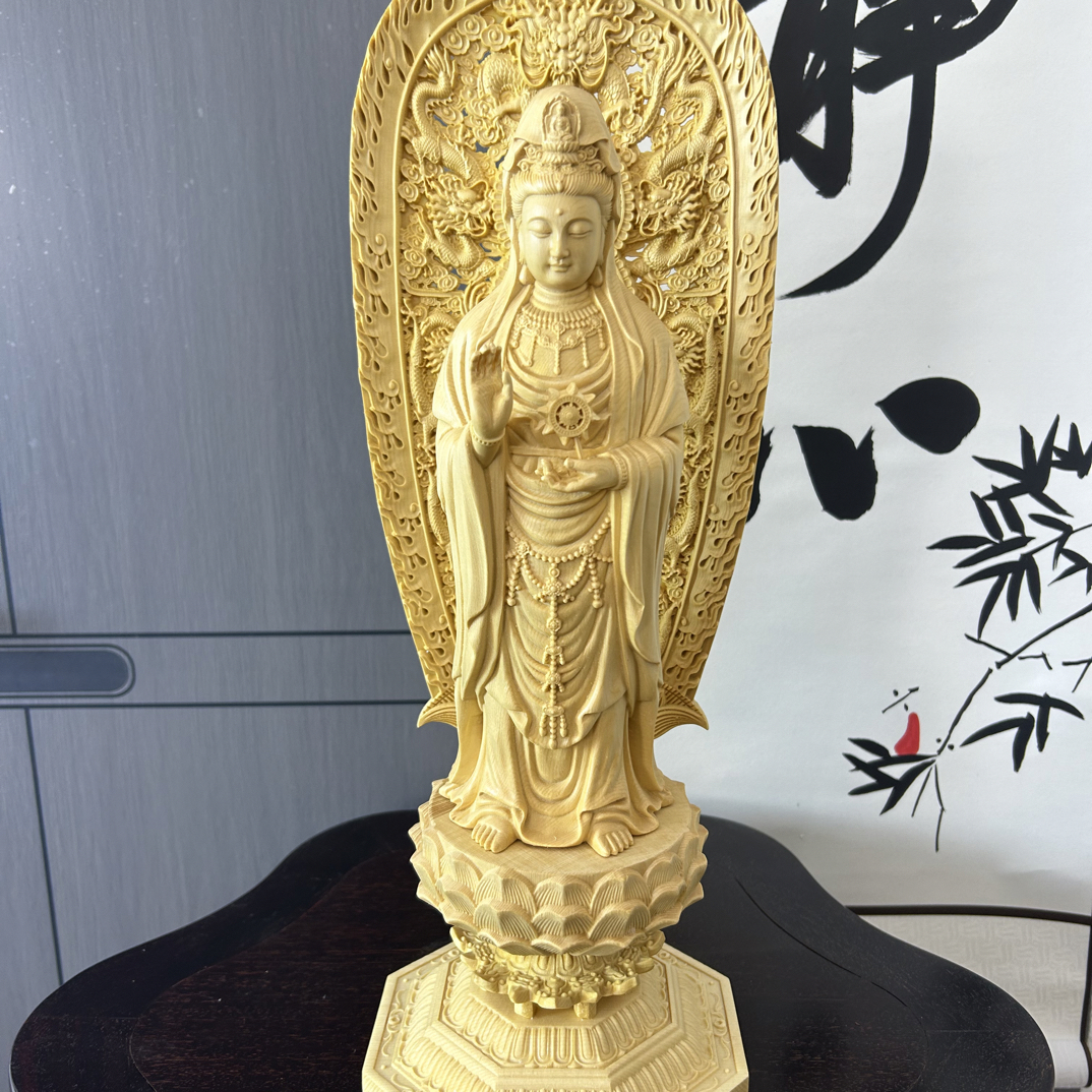 桧木精雕观音菩萨木雕工艺品摆件43公分