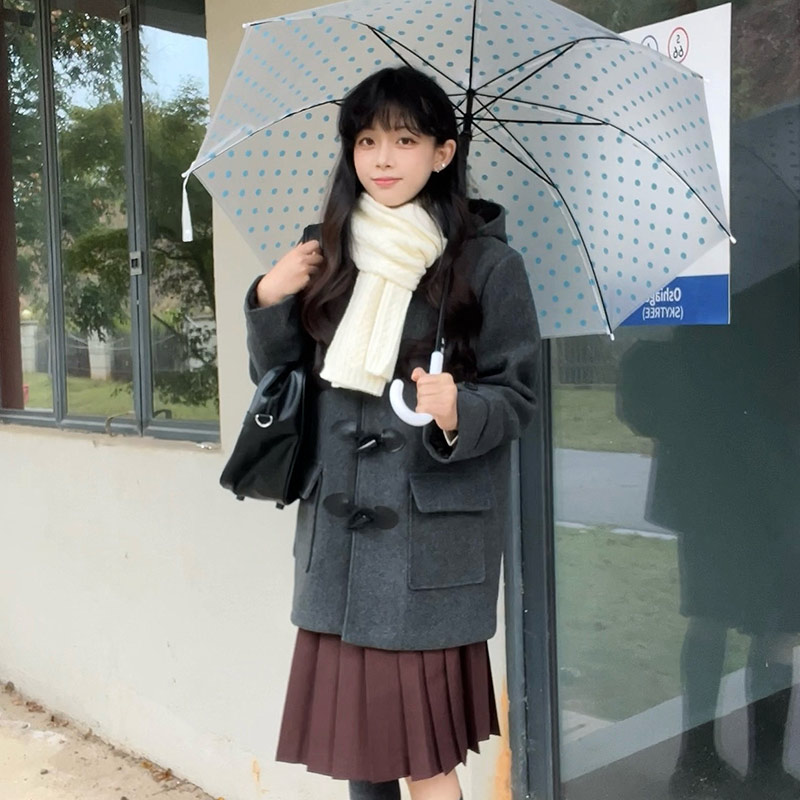 木野高原创jk秋冬学院风女校供牛角扣中长款呢大衣加厚夹棉外套