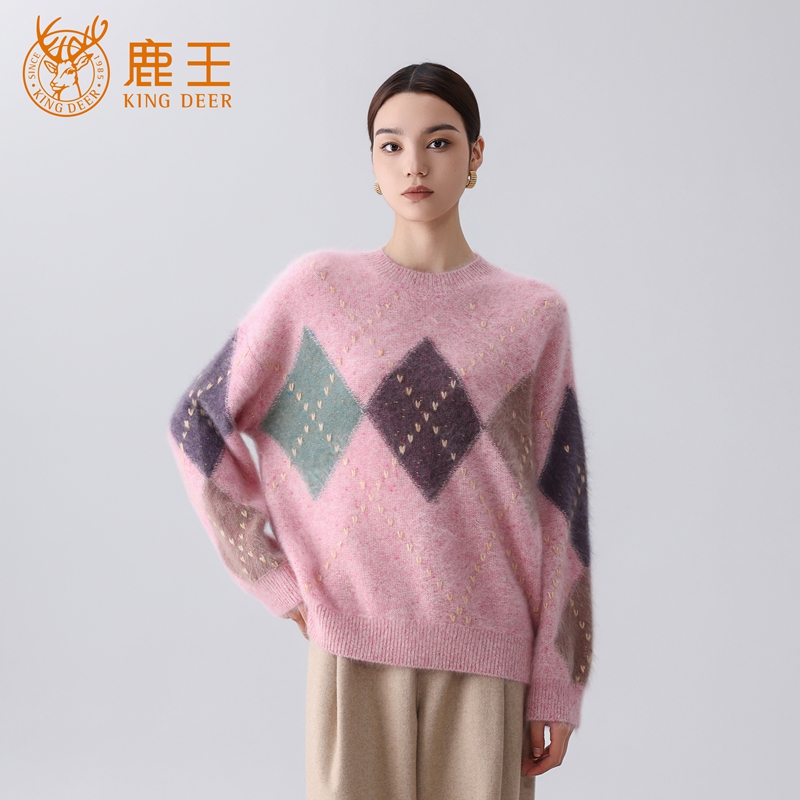 鹿王25秋冬款女圆领100山羊绒菱形格手绣彩点纱拉绒套衫加厚L701