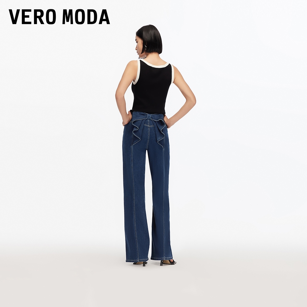 Vero Moda牛仔裤2025含棉后身蝴蝶结高腰直筒裤甜美可爱风格衣服