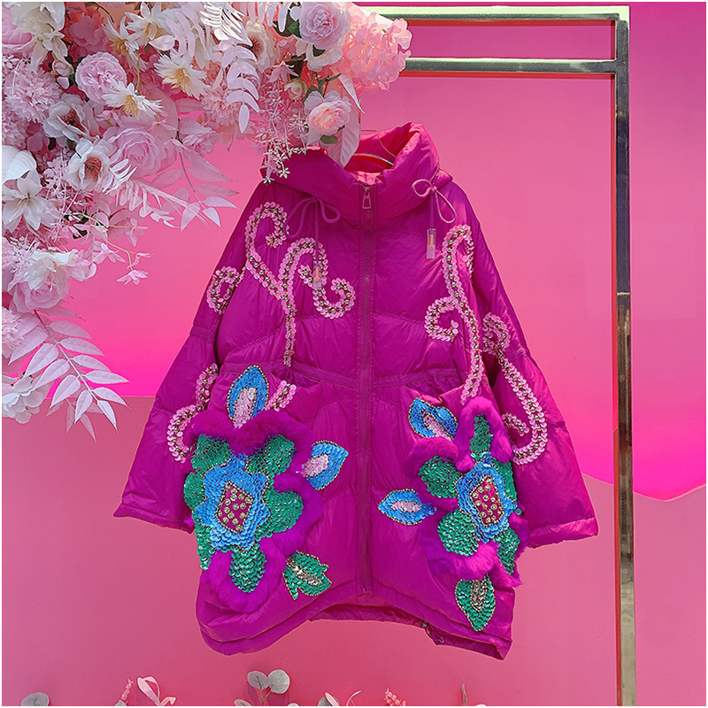 A4306欧美设计师2025冬季新款重工刺绣亮片拼接兔毛羽绒服外套女
