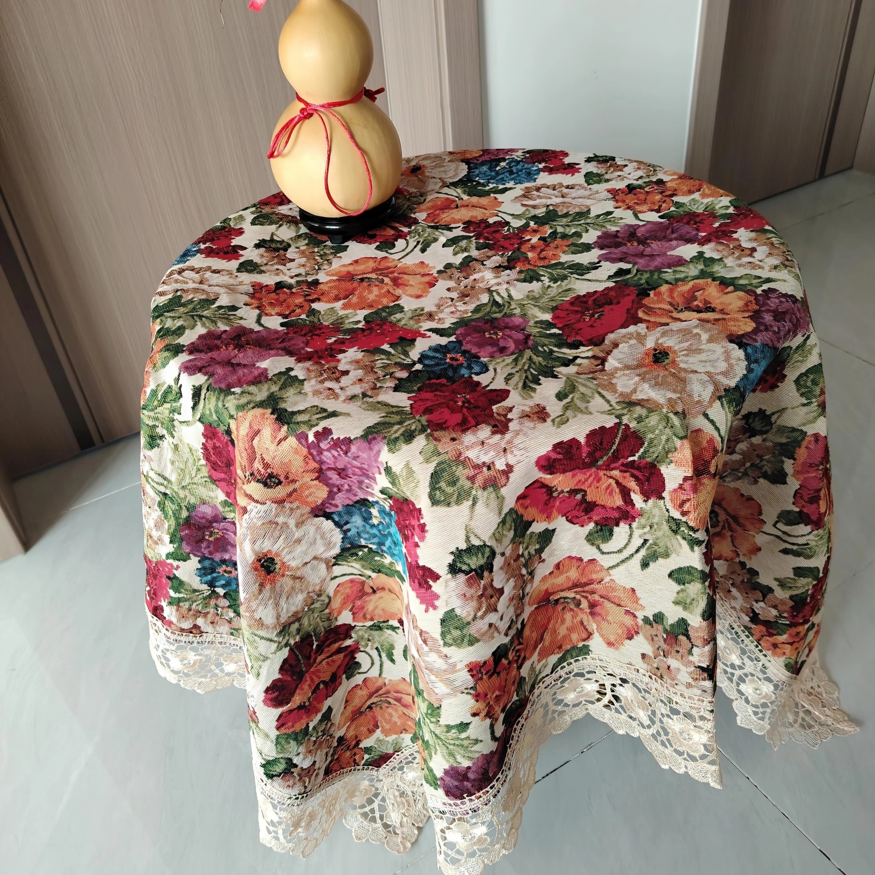 棉麻（130*130cm）红牡丹花边蕾丝边桌布精美