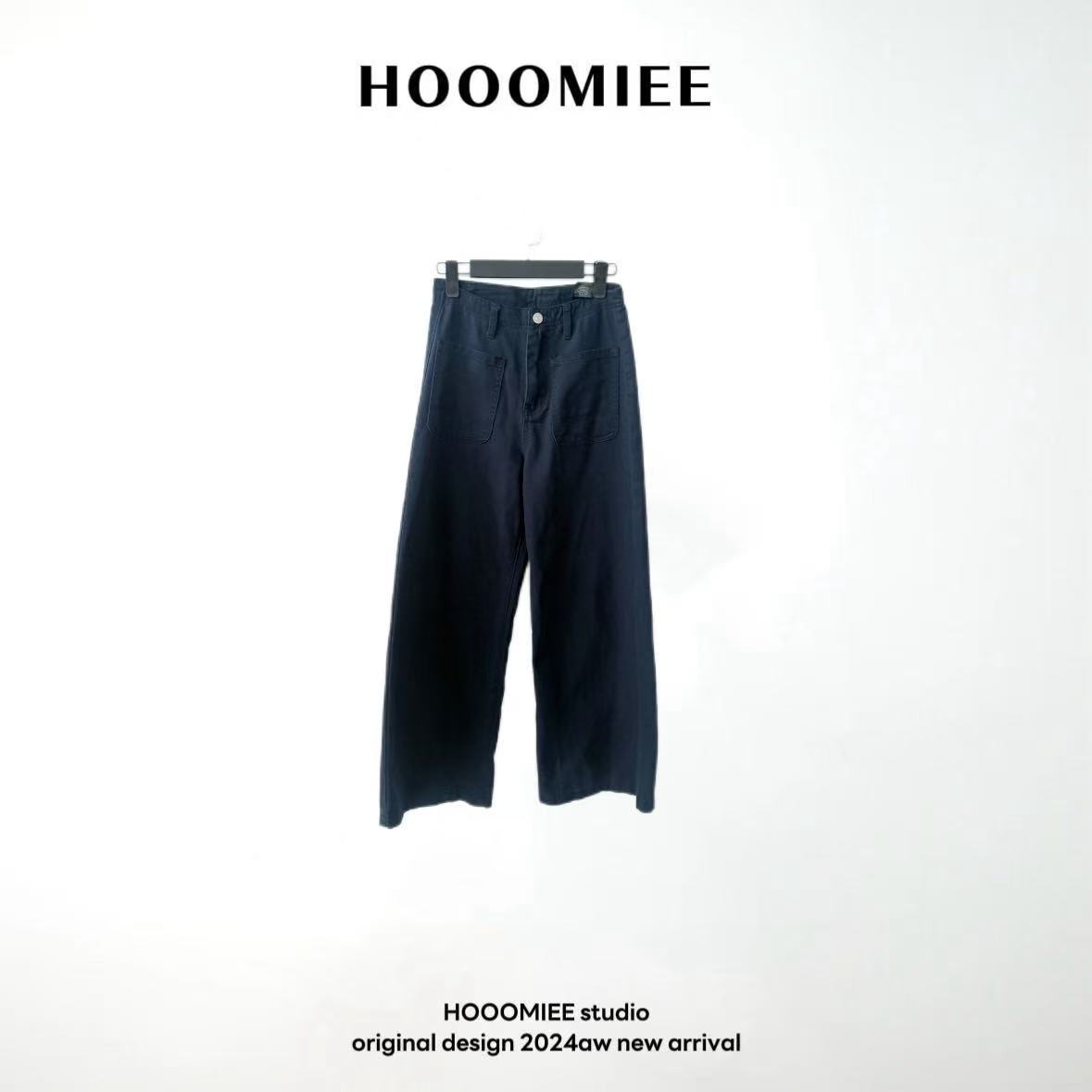 Hooomiee墨蓝纯棉牛仔裤春夏简约百搭女士高腰直筒长裤012