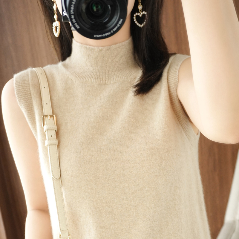 【一线成衣】精纺无袖羊毛衫女100%纯羊毛打底毛衣纯色针织