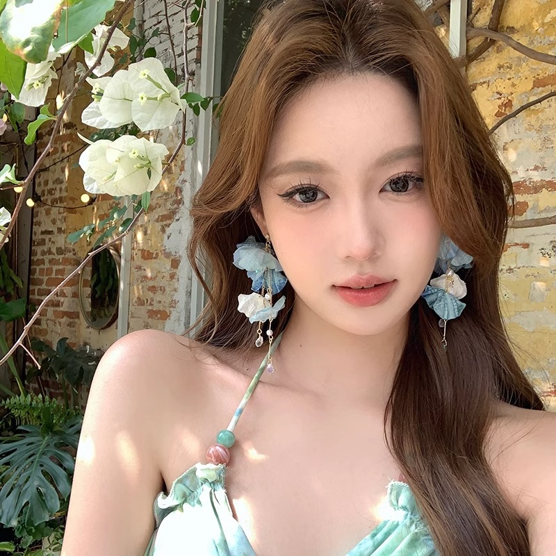 非金属布艺耳饰 夏日蓝色花朵流苏耳环2025新款女海边度假风耳饰