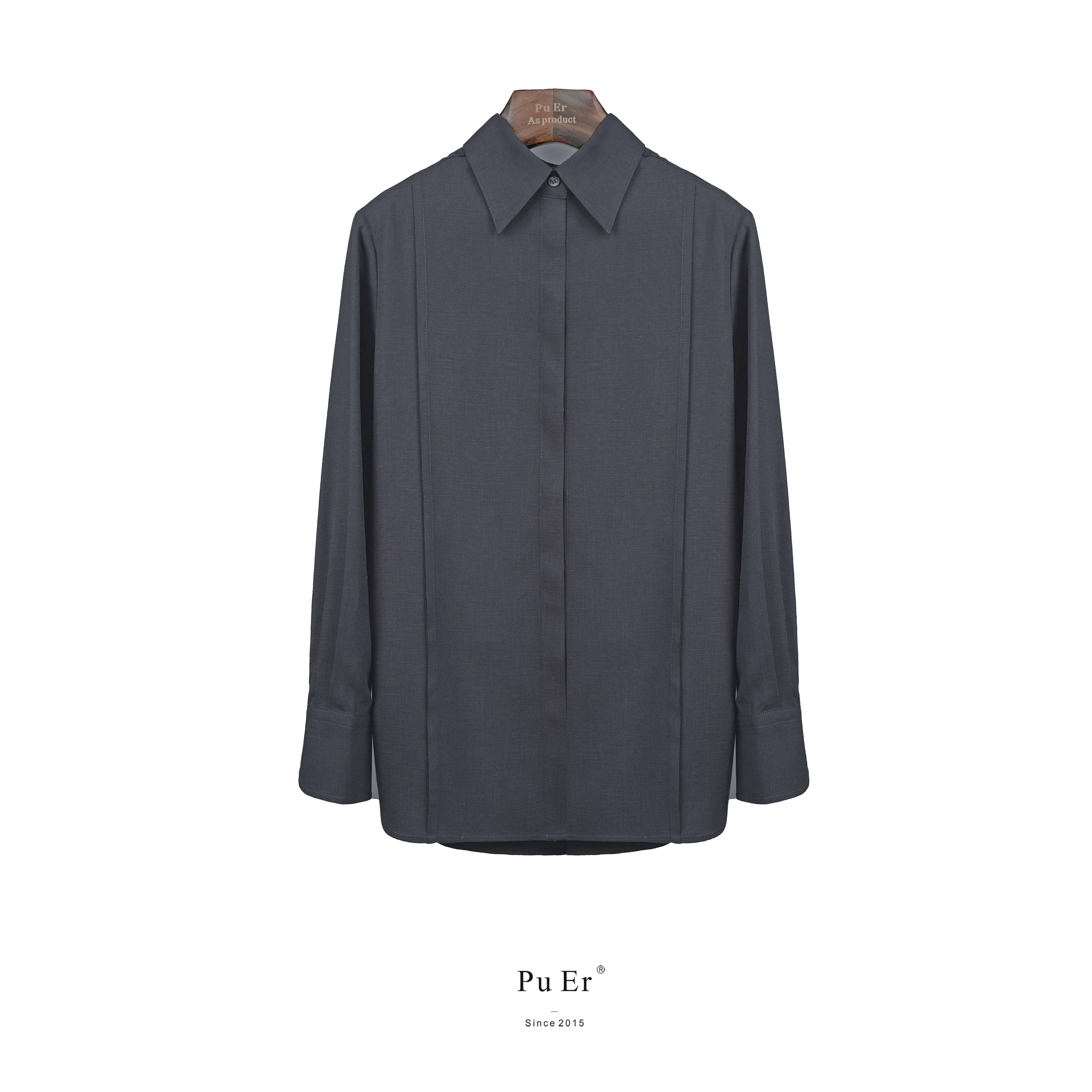 璞迩青石灰鱼骨褶天丝麻衬衣