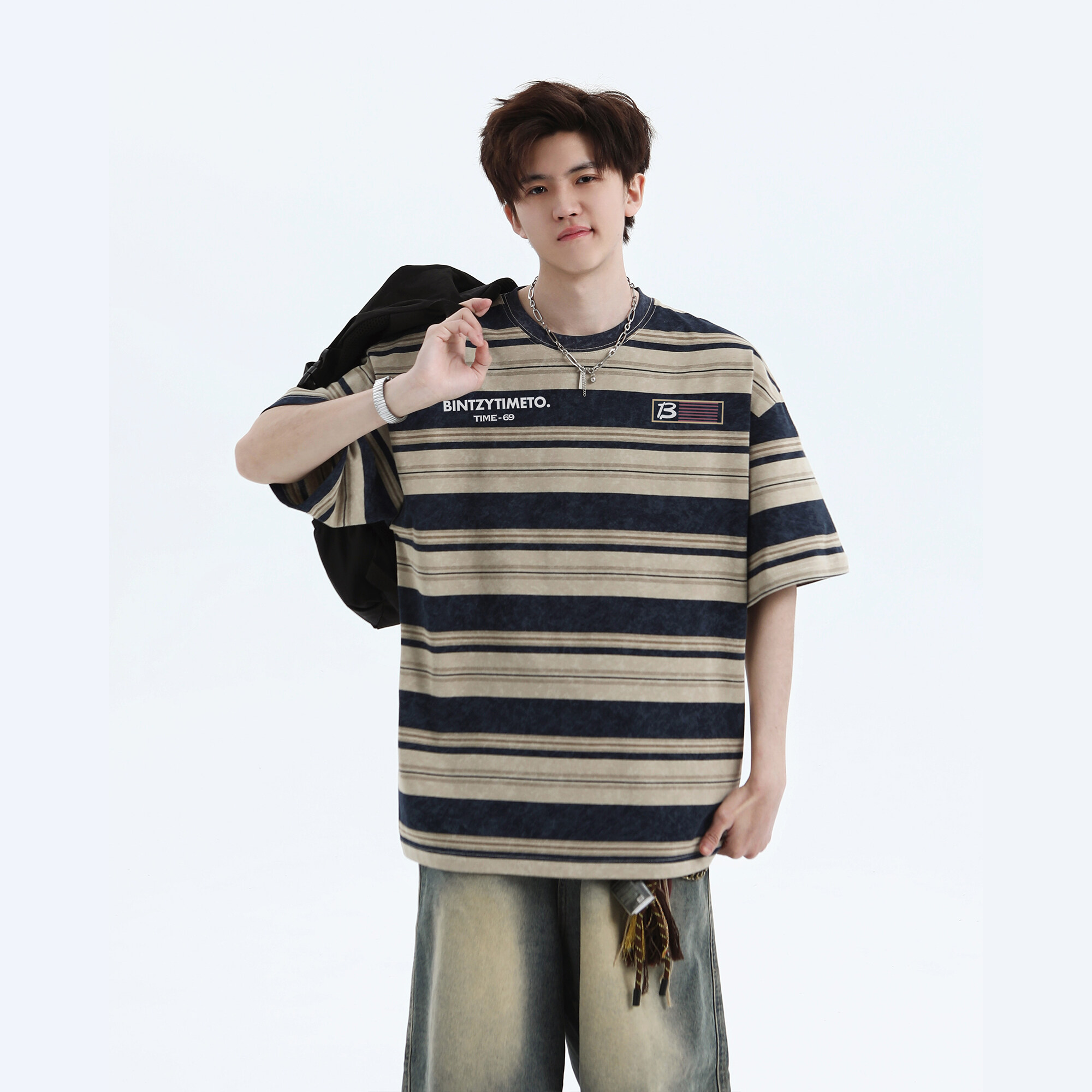 NASA脏脏水洗条纹短袖t恤男日系复古潮牌宽松夏季纯棉休闲体恤