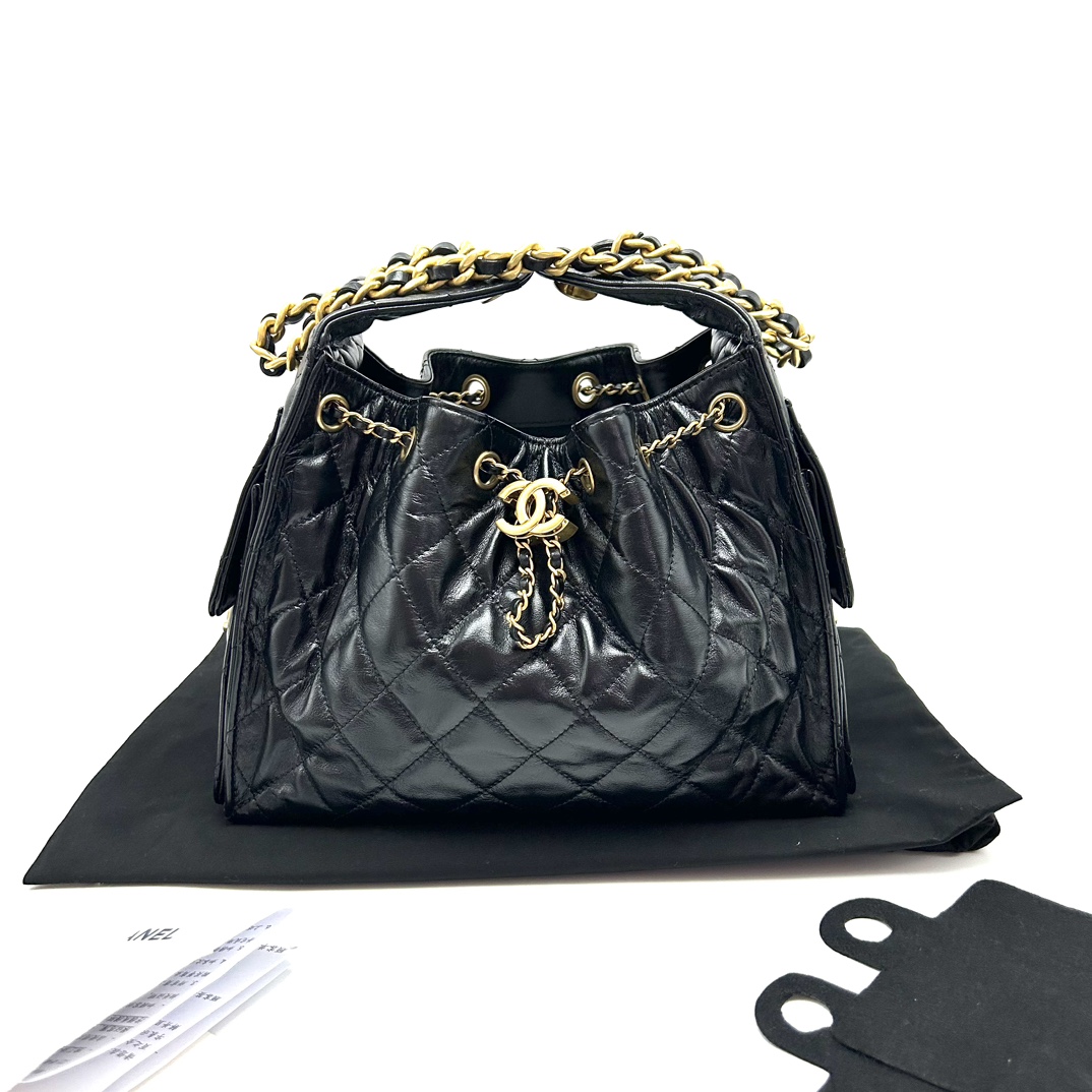 99新 Chanel/香奈儿 25bag黑金油蜡皮小号手提单肩包 01399二手