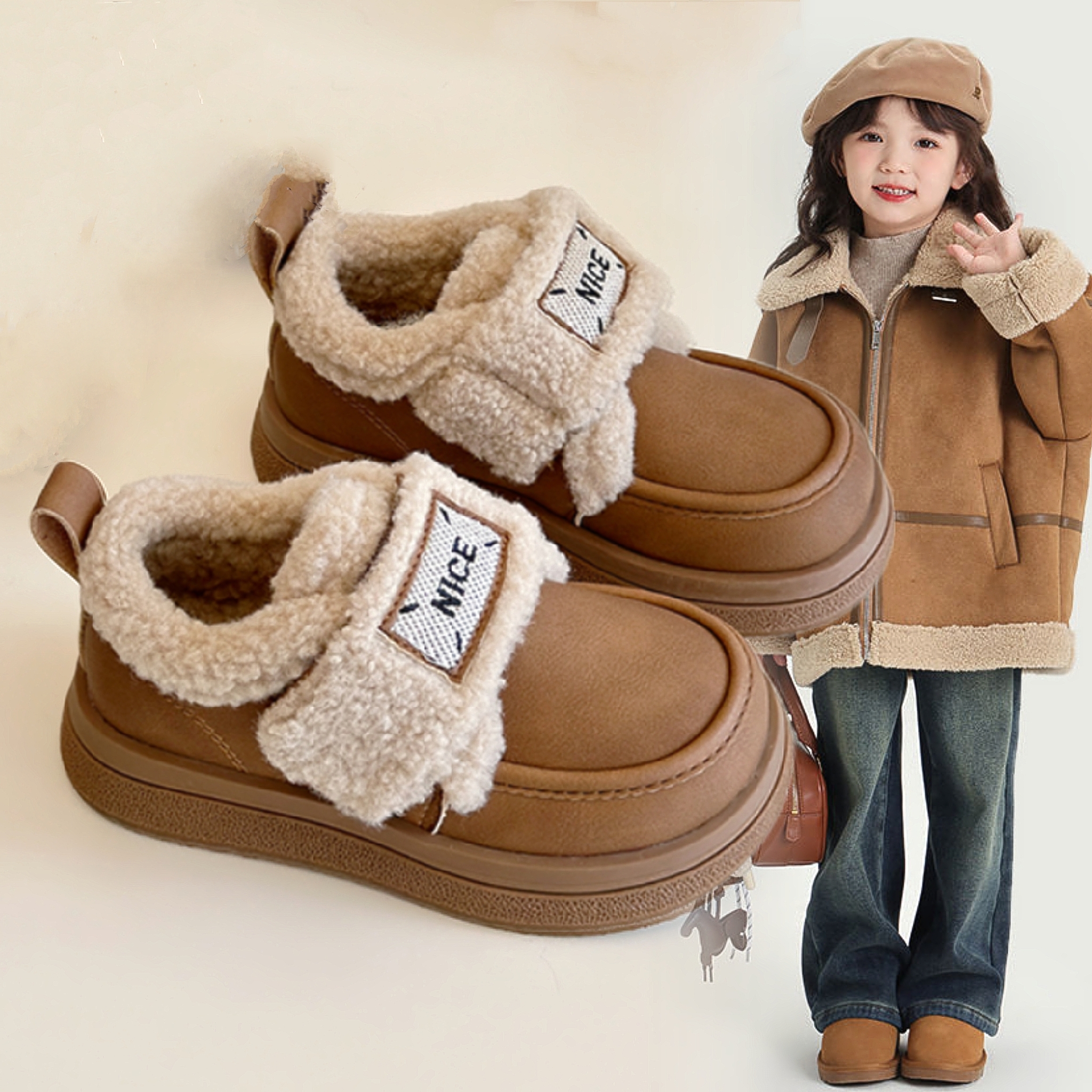 小黄鸭荣耀女童羊羔毛加绒棉鞋2025秋冬新款男童软底勃肯鞋乐福鞋