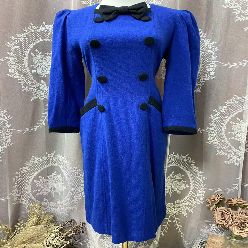 古着vintage港风复古日系日式中古气质连衣裙羊毛连衣裙冬连