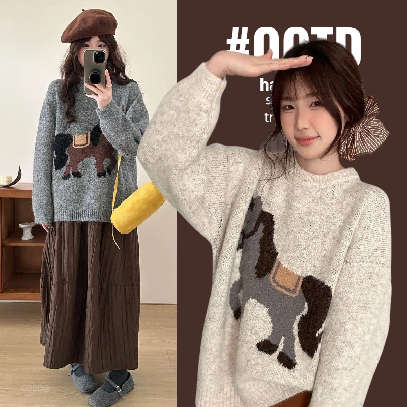 加厚孕妇毛衣秋冬季复古设计休闲小马圆领套头针织衫宽松休闲上衣