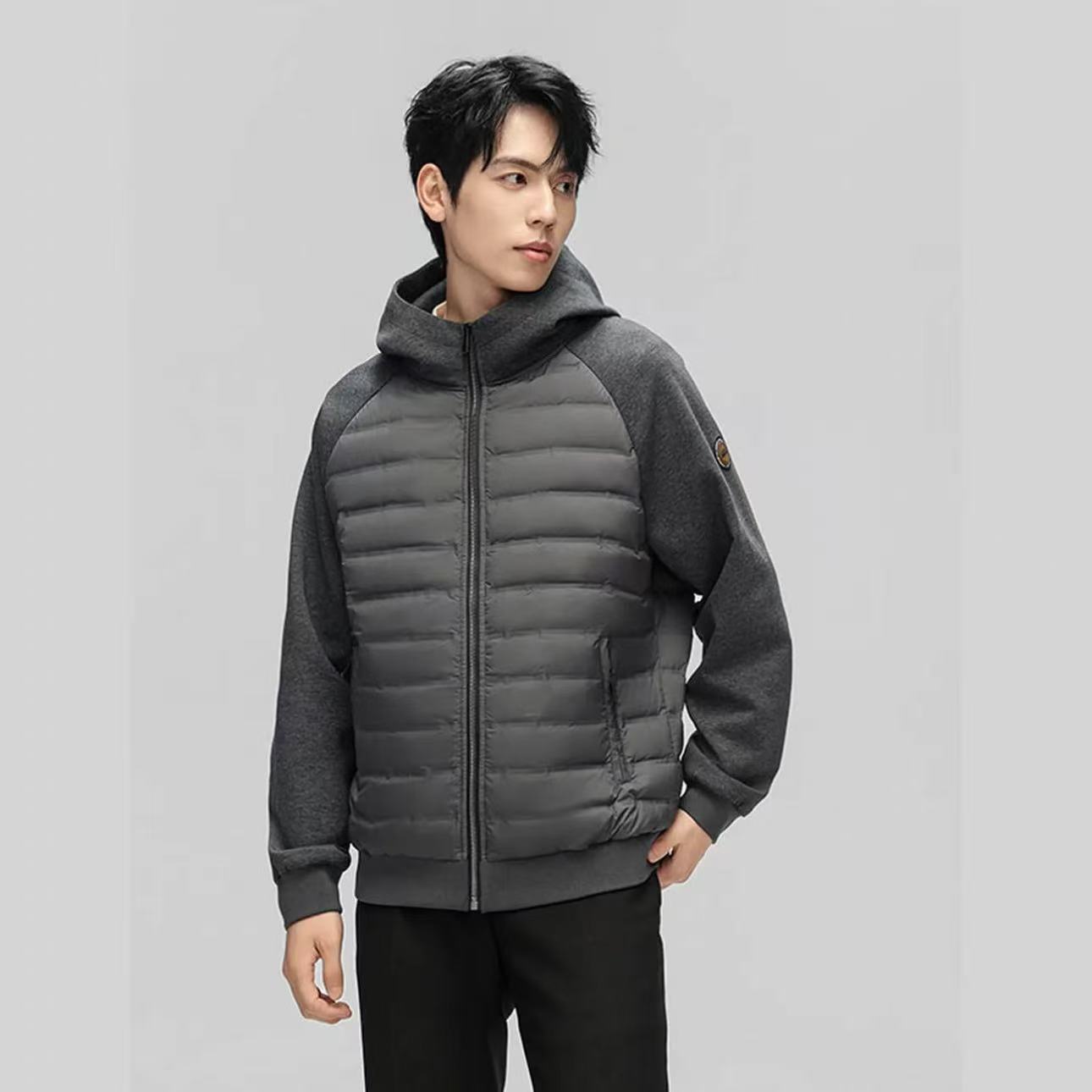 9349-男士轻薄款户外连帽休闲鹅绒服外套（灰色）