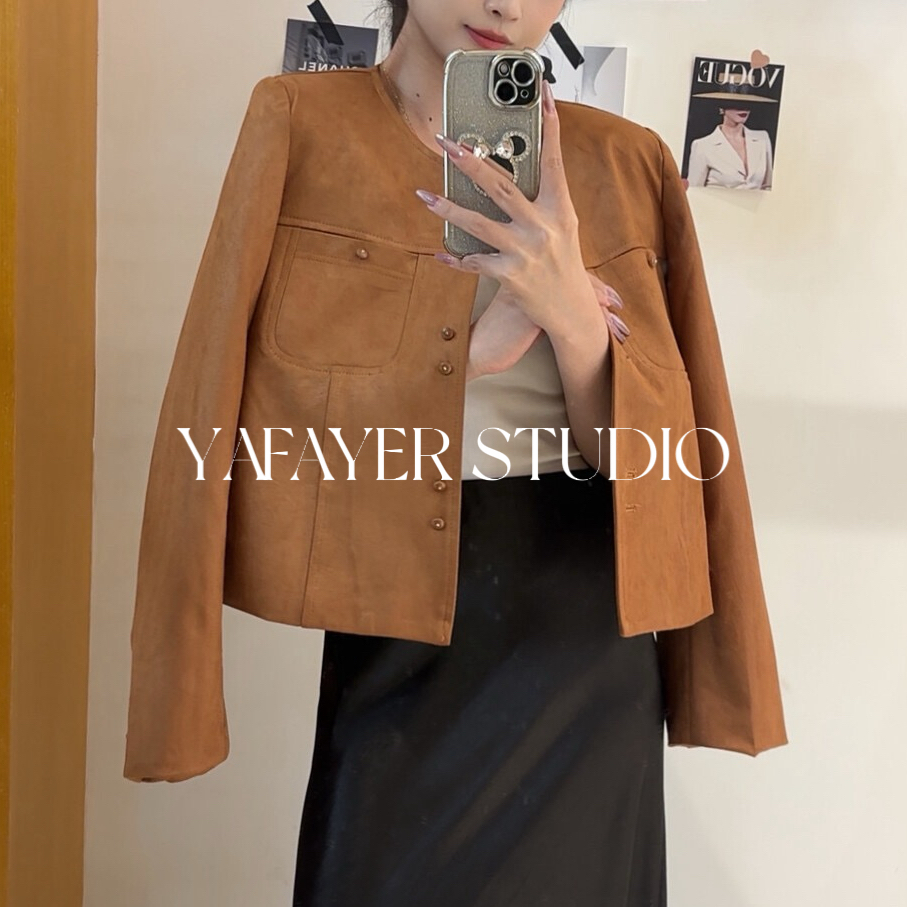 秋季麂皮绒女适中单排扣短外套设计师休闲上衣韩版小香风气质长袖