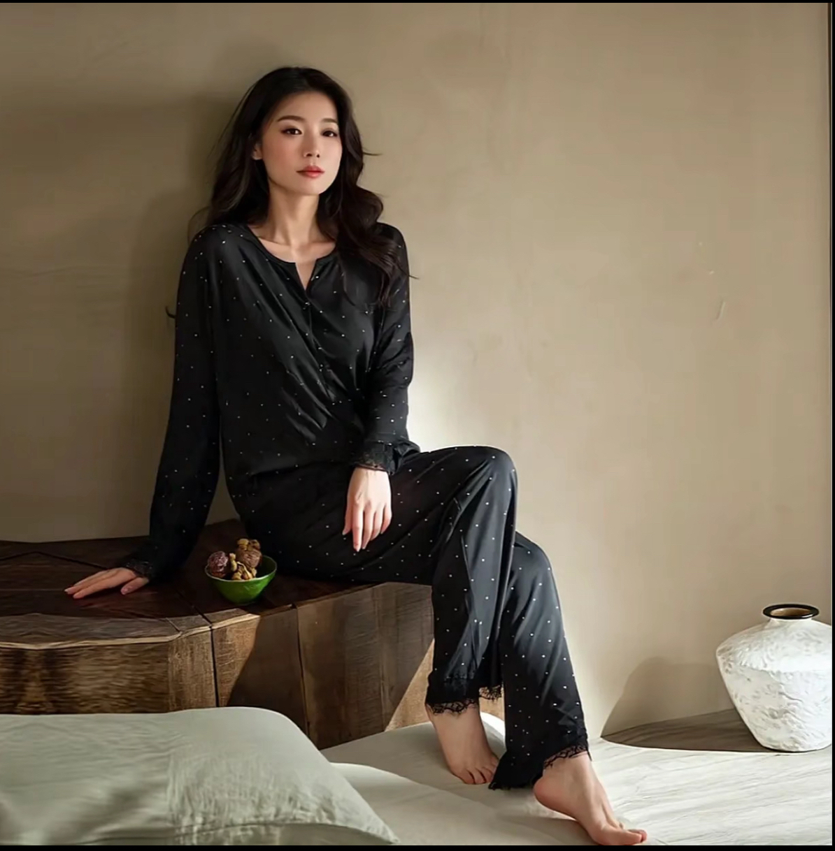 【莫代尔波点】加肥加大260斤可穿睡衣女莫代尔高档蕾丝拼接家居服