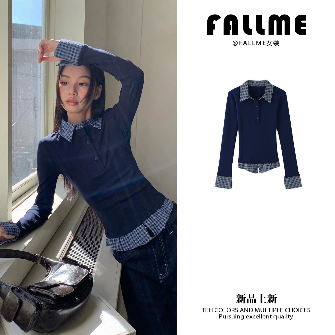 美式学院风POLO领假两件打底衫女秋冬新款时尚显瘦修身上衣