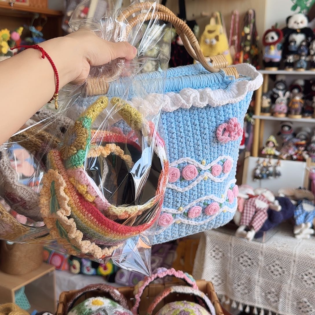 织物蓝色手提包加6个发箍