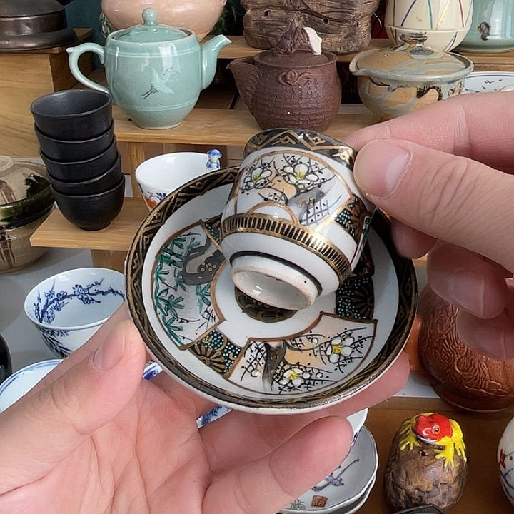 瓷片九谷小杯子加杯托