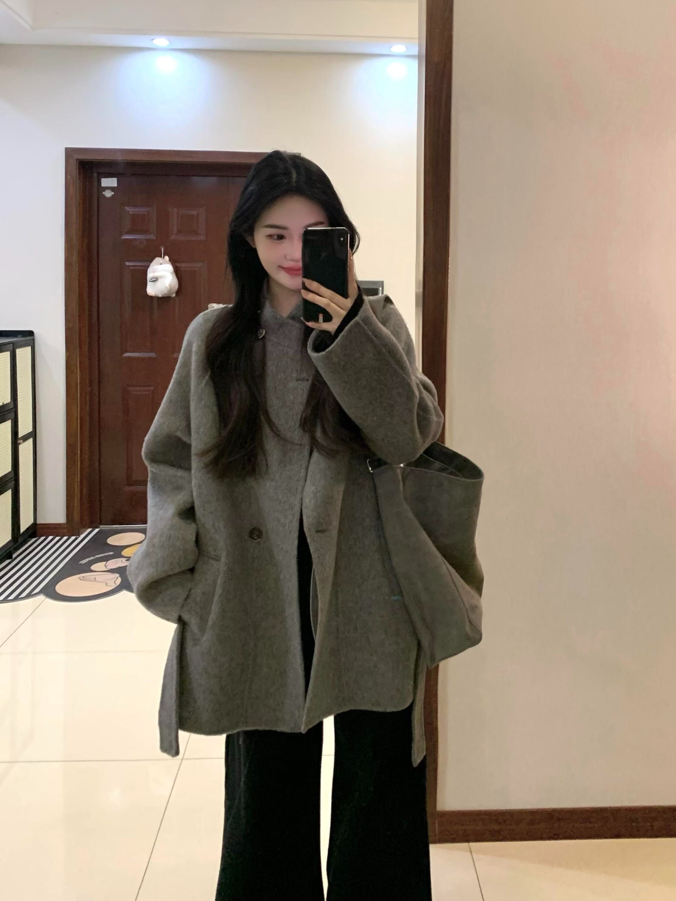 中长款灰色呢子大衣女2025秋冬新款高级感慵懒小个子收腰毛呢外套