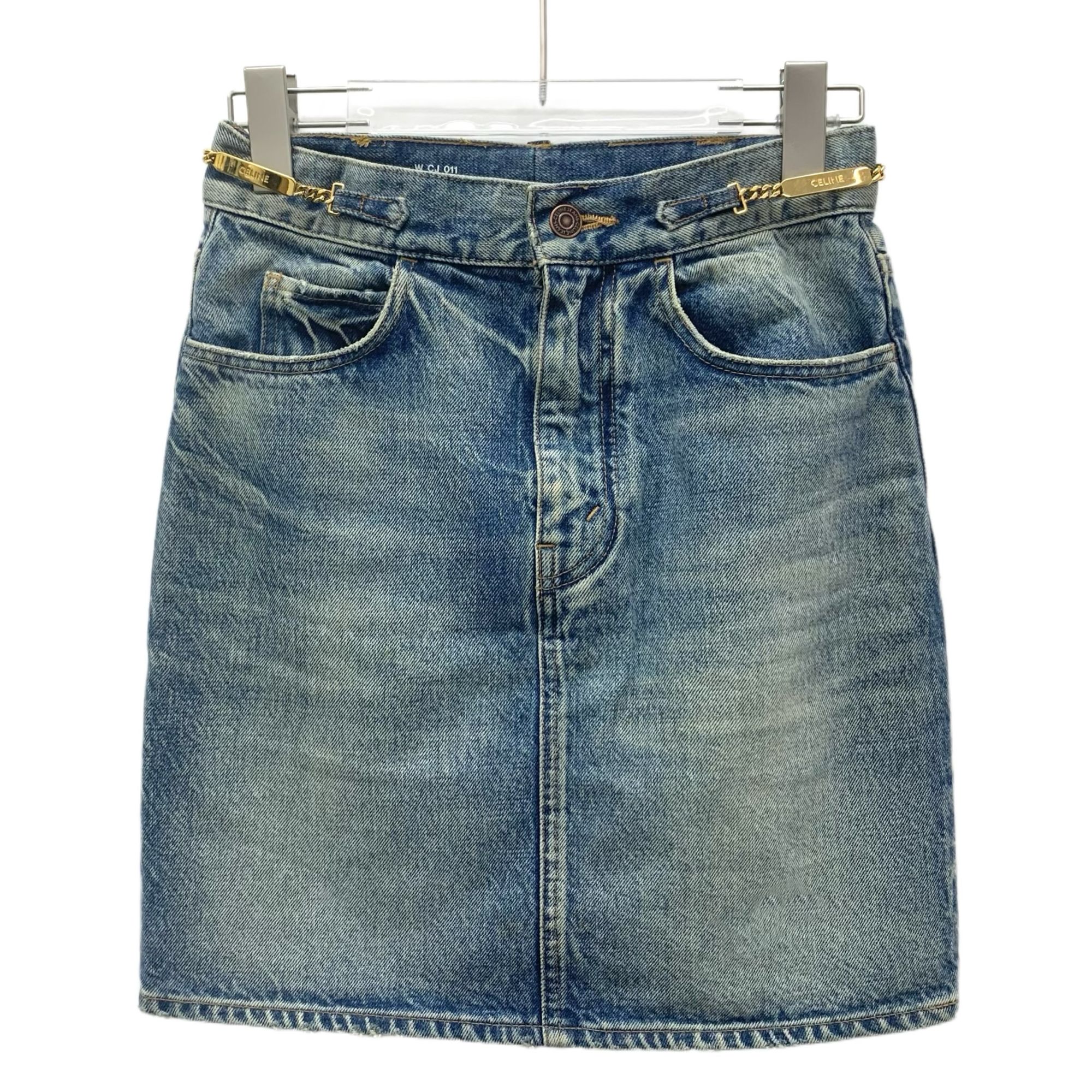 95新 Celine/思琳 KW0920  水洗链条棉质休闲半身牛仔短裙 25码 