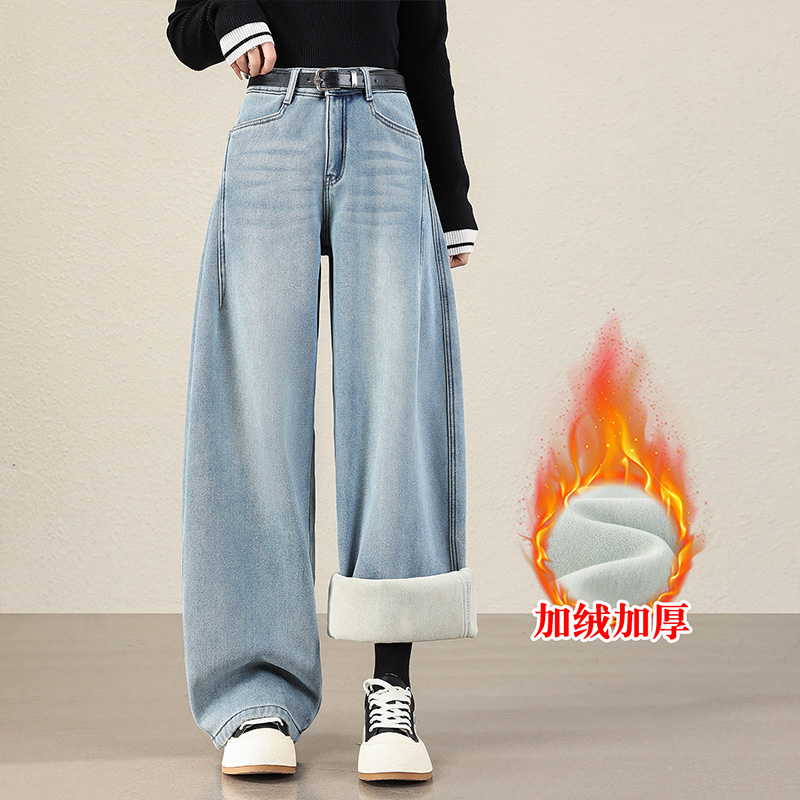 黑灰色加绒保暖休闲裤女弯牛仔裤女2025冬季高腰直筒加厚阔腿裤