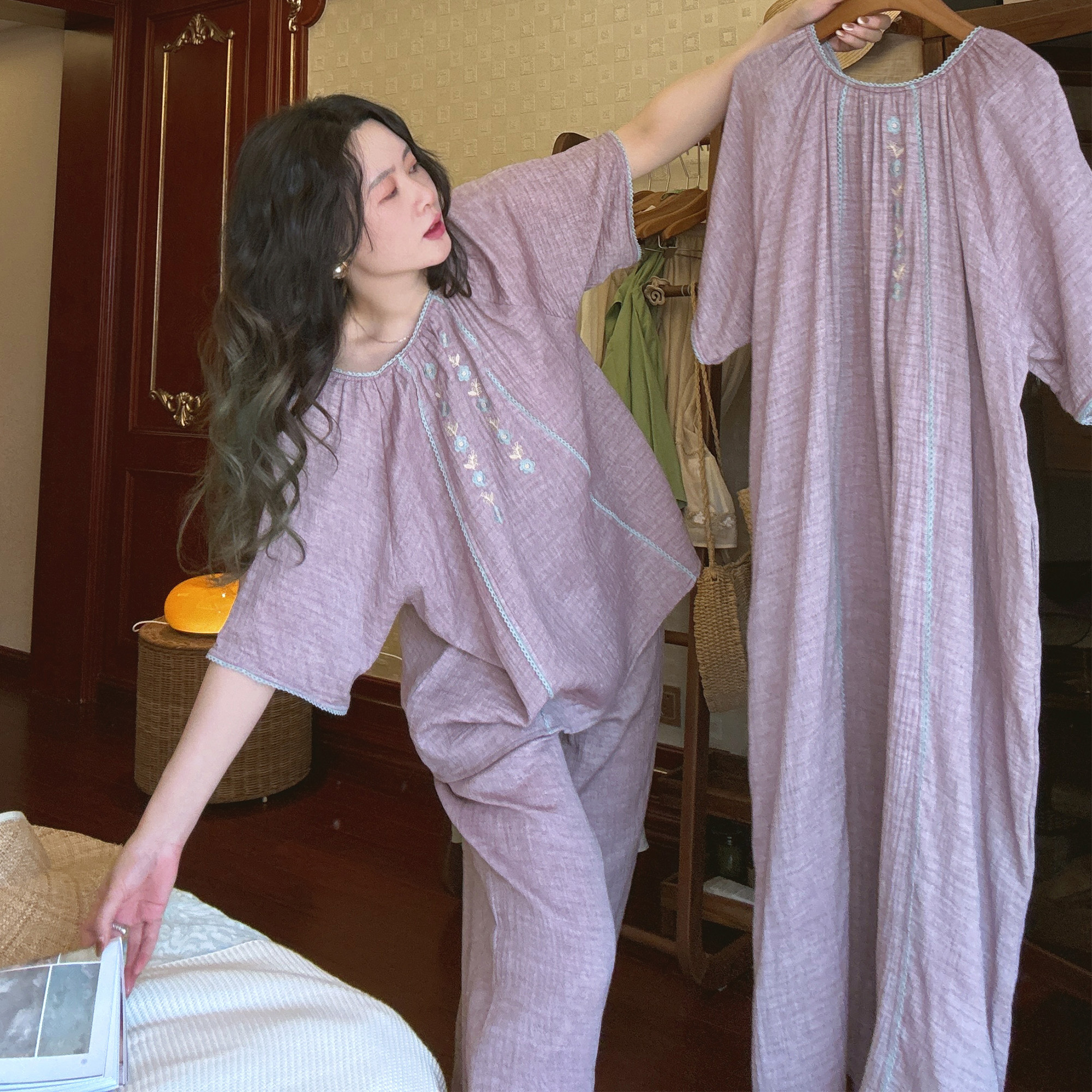 夏季短袖长裤睡衣家居服睡裙纯棉纱布套装家居服大码时尚宽松舒适