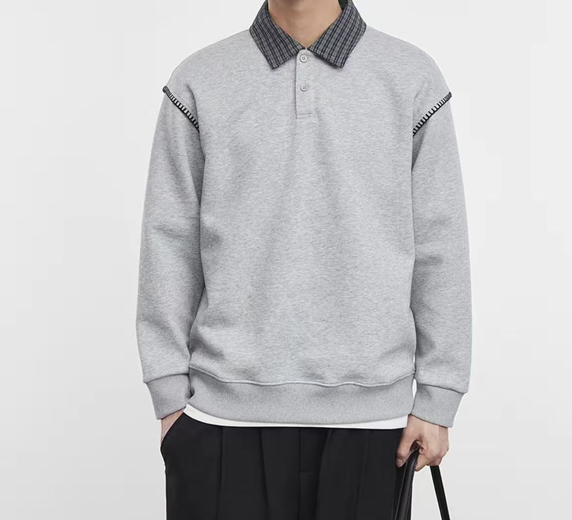 秋季拼接假两件翻领卫衣明线纯色刺绣长袖老钱风百搭宽松Polo衫