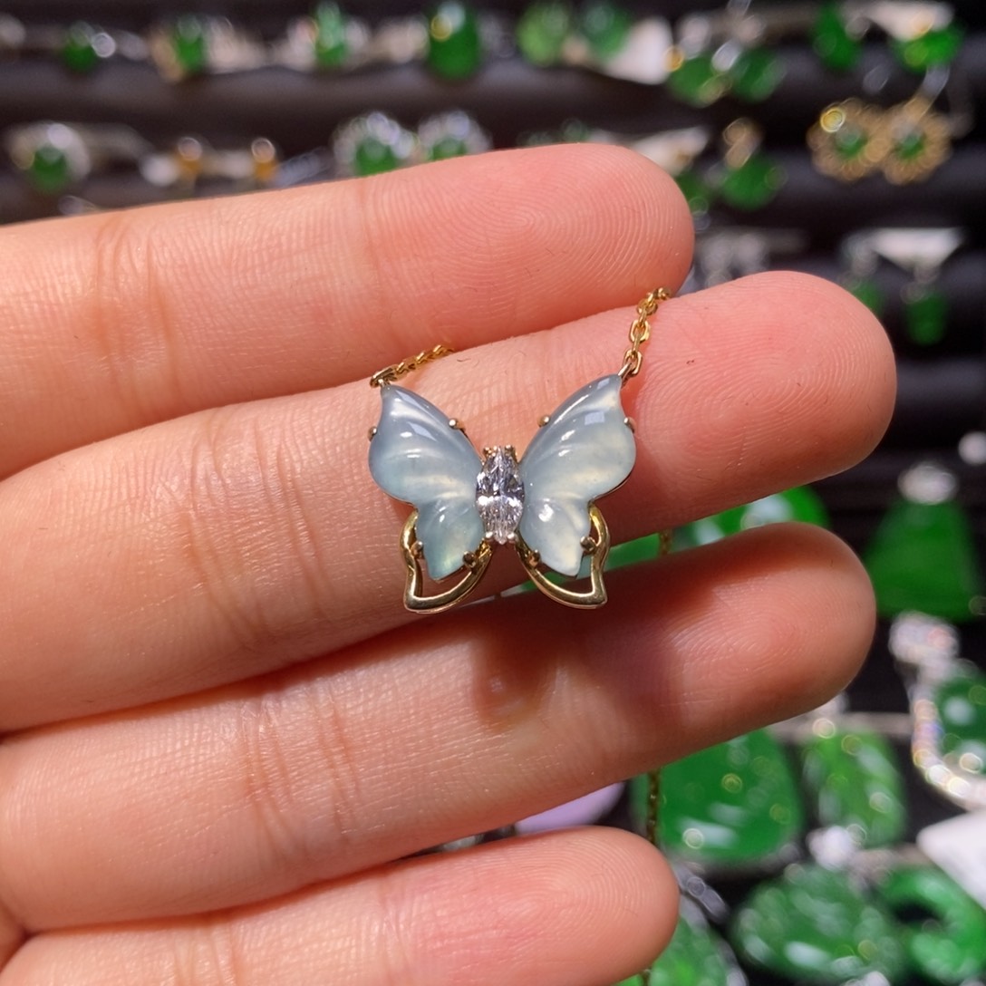 翡翠颈饰银S925镀金镶嵌天然翡翠