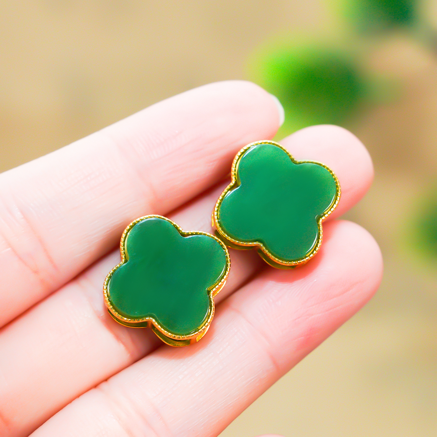 ［大号］S925银天然碧玉四叶草耳钉阳绿满绿和田玉玉石耳饰经典百搭