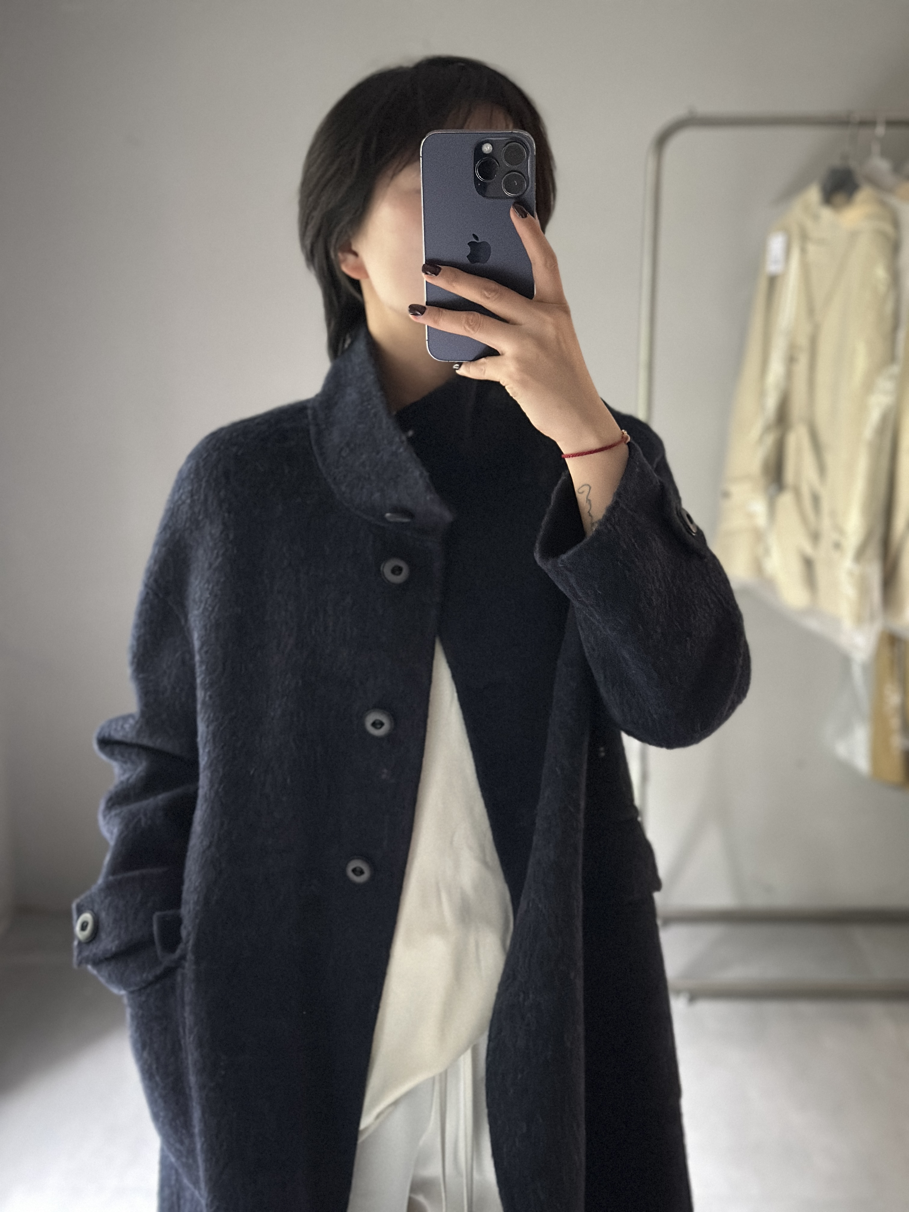 立领法式长款纯色毛呢外套藏青色气质女装排扣时尚秋冬呢子韩版