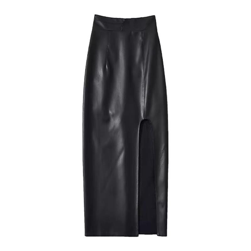 Li studio-【美乐蒂裙子】欧美风高腰侧开叉包臀短裙皮半身裙-倾