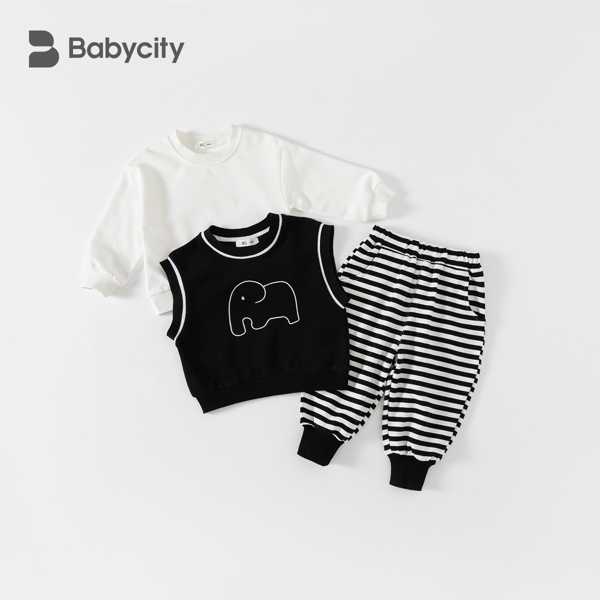 【春】2025春新款儿童套装（大象马甲条纹三件套）QT82135
