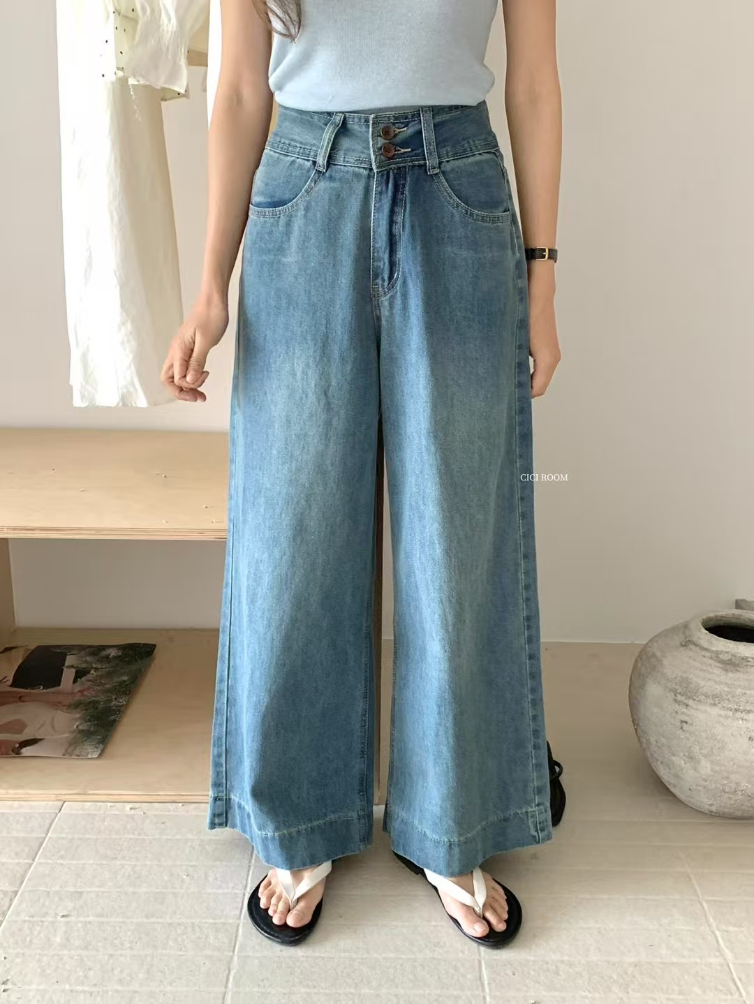 Suli@shop 休闲高腰夏季薄款直筒阔腿双排扣牛仔裤