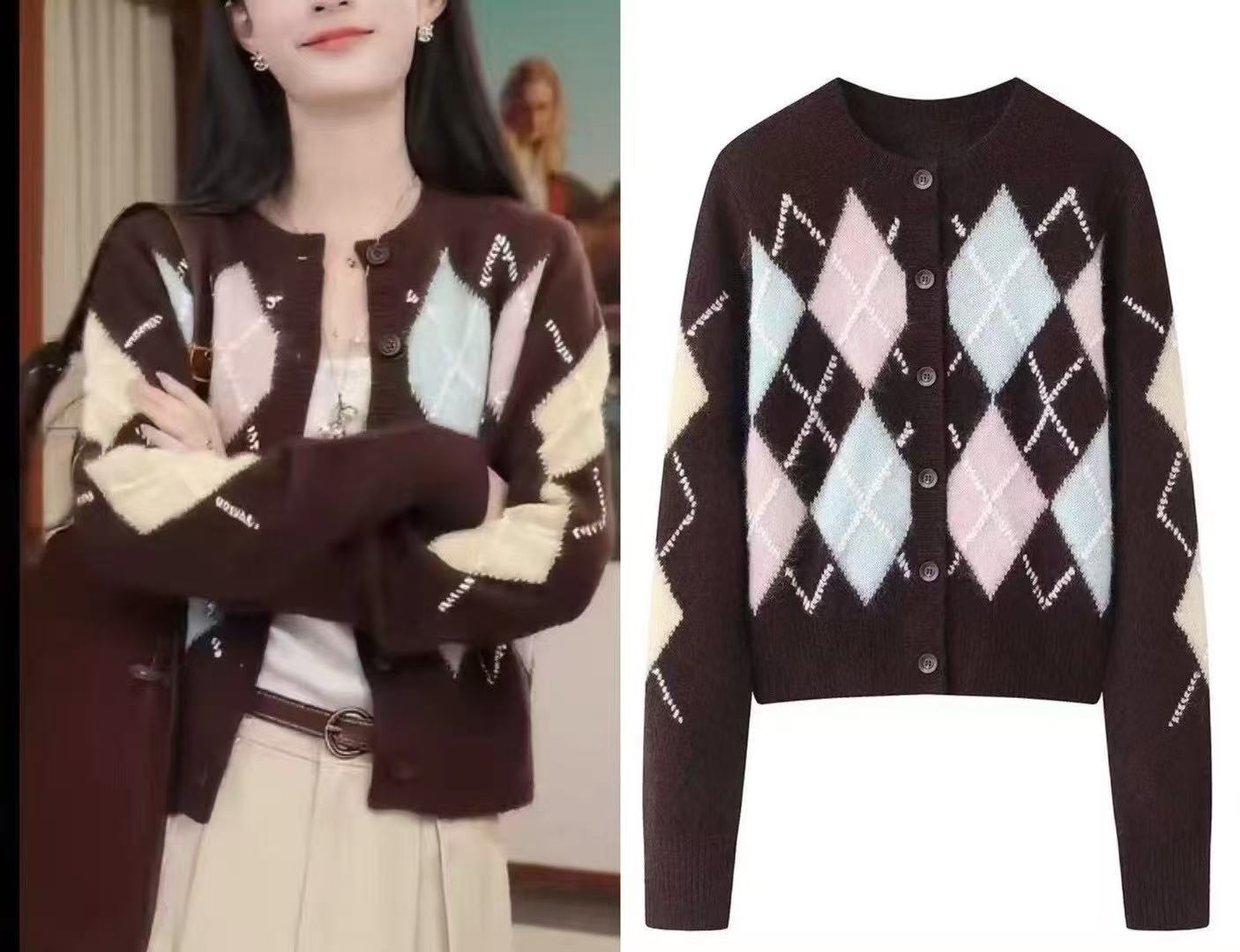 2025秋冬新款复古菱形格圆领高级感短外套针织开衫女