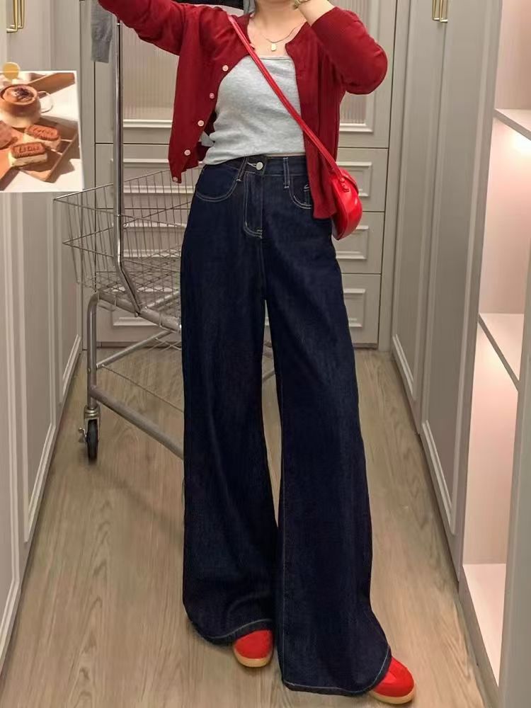 加绒牛仔裤阔腿裤设计感气质刺绣港风裤子，尾货样衣默认瑕疵
