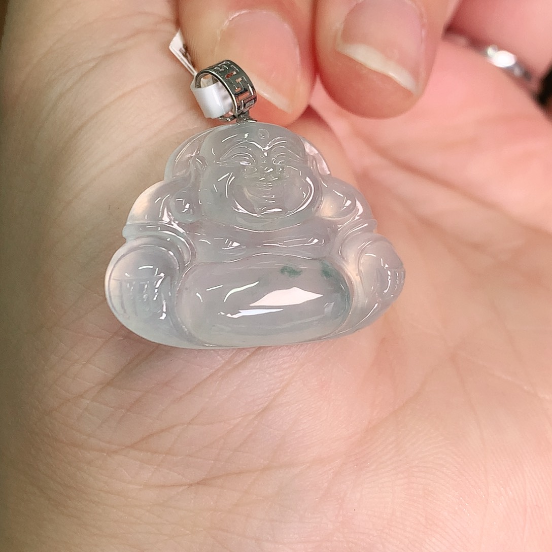 翡翠颈饰18K金镶嵌高冰飘绿佛公22*28*5.2