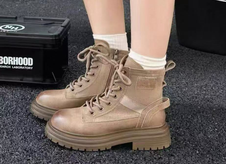 W07-676厚底百搭显瘦大黄靴马丁靴新款时尚英伦风机车工装靴单里