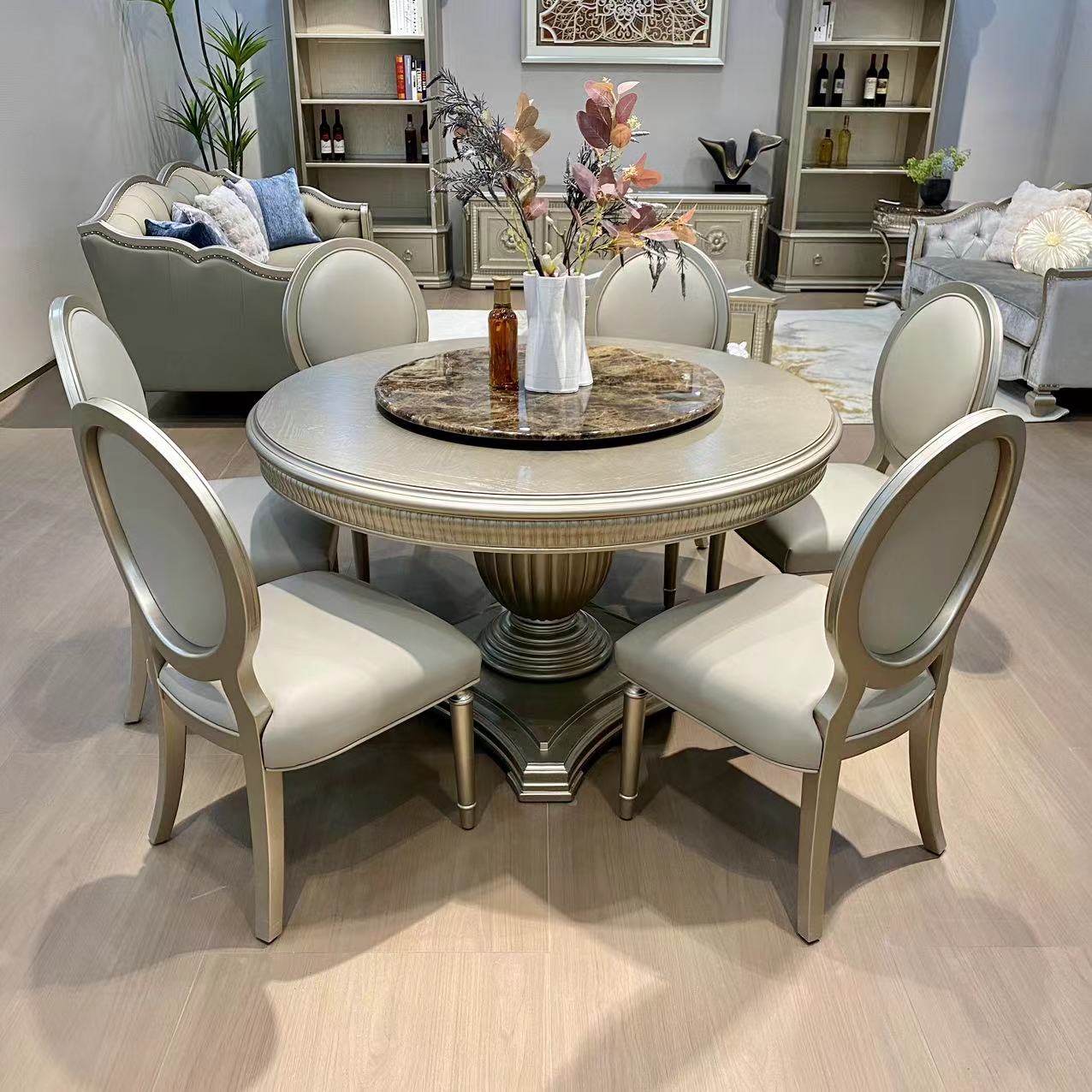 美式轻奢实木两用时尚圆餐桌/简约圆形餐台桌椅/奢华美式圆餐桌