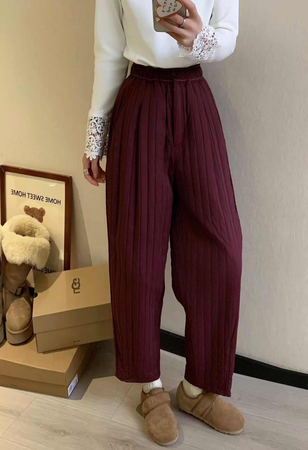 程程甄选 日系复古文艺范压条绗棉可外穿保暖休闲裤2067