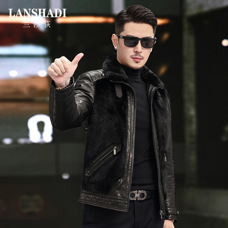 整貂皮草皮衣男鹅绒山羊皮水貂皮机车立翻领短款皮夹克外套25839